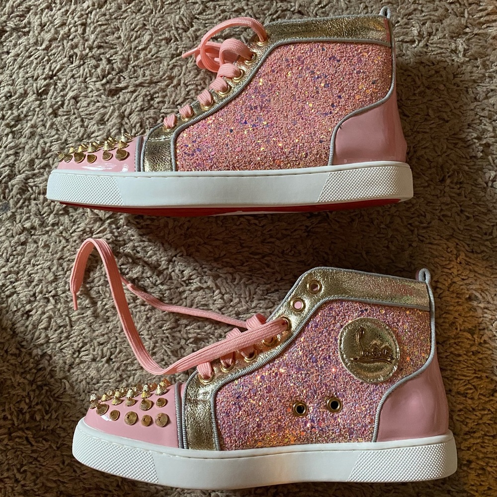 Christian Louboutin Pink Glitter & Gold Spike High-Top Sneakers